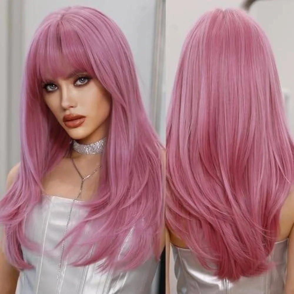 Long Straight Pink Synthetic Wig with Bangs‎ Layered Heat Resistant Hairpiece
